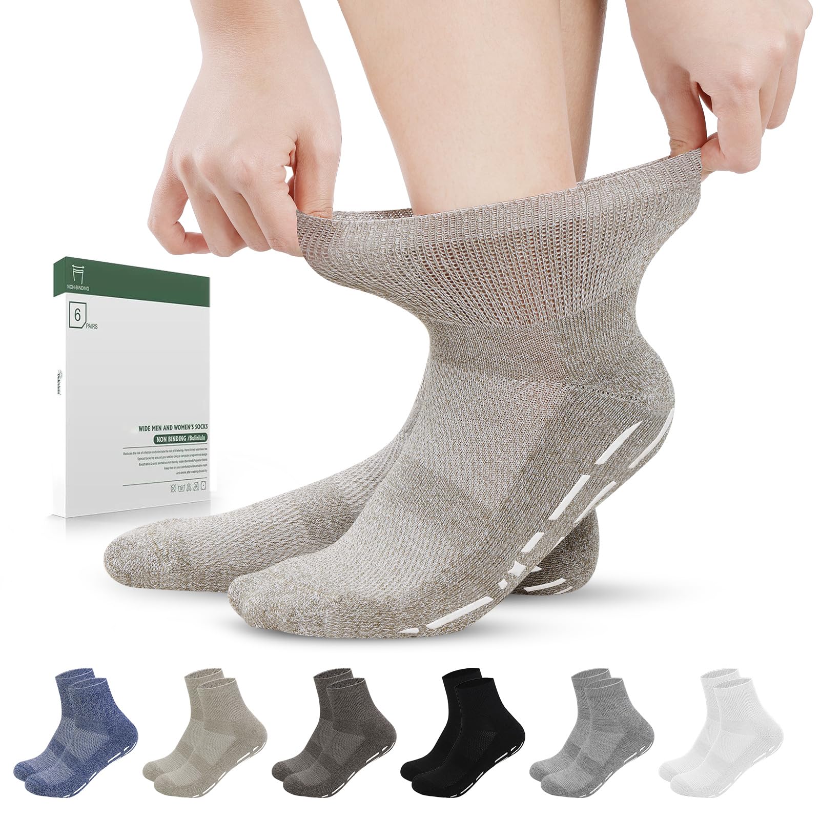 Bulinlulu diabetic socks with grippers and a wide top for secure wear.