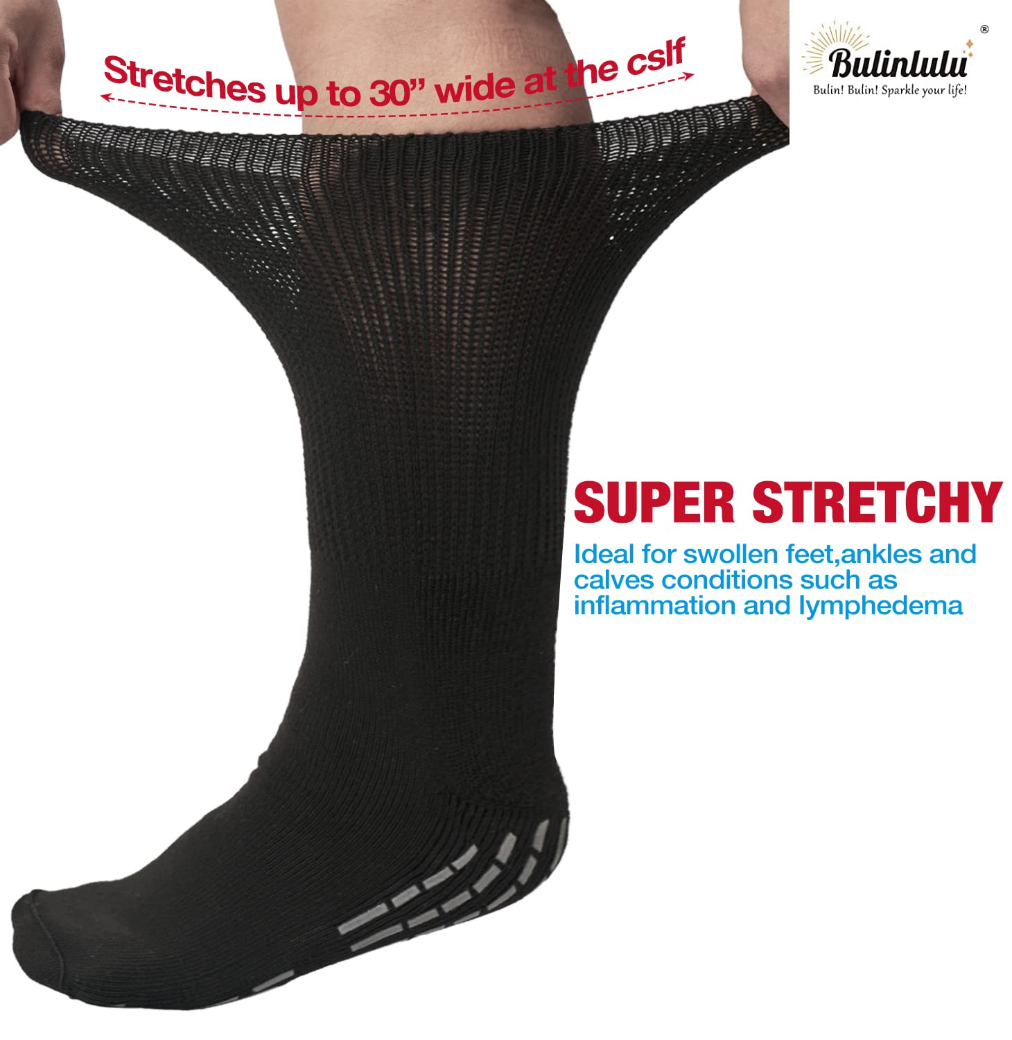 Bulinlulu extra-width diabetic socks, side view, comfortable stretch for edema-prone ankles