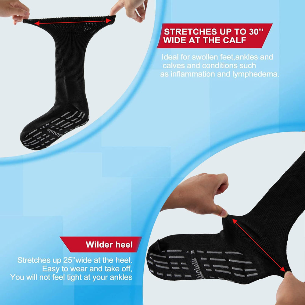 Bulinlulu socks top stretch demonstrates wide opening for edema relief.