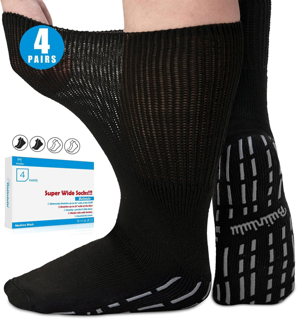 Bulinlulu extra width socks four-pack displayed for swollen feet with generous room