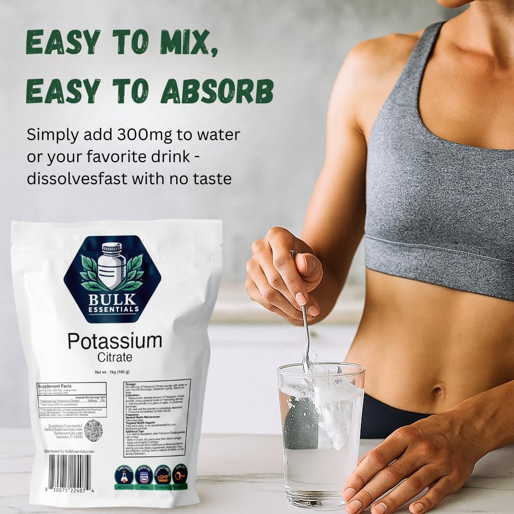 Bulk Essentials Citrato de Potasio, etiqueta clara del producto.