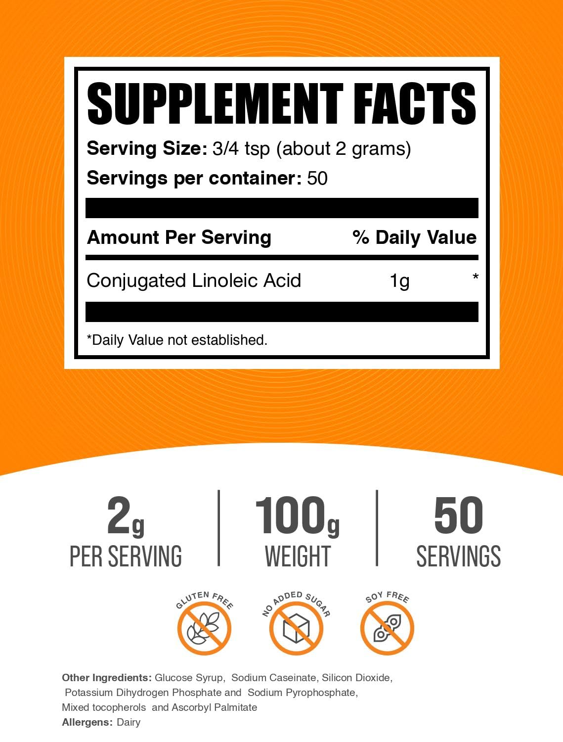 CLA BulkSupplements, polvo sin gluten, ideal para mezclar en bebidas y comidas.