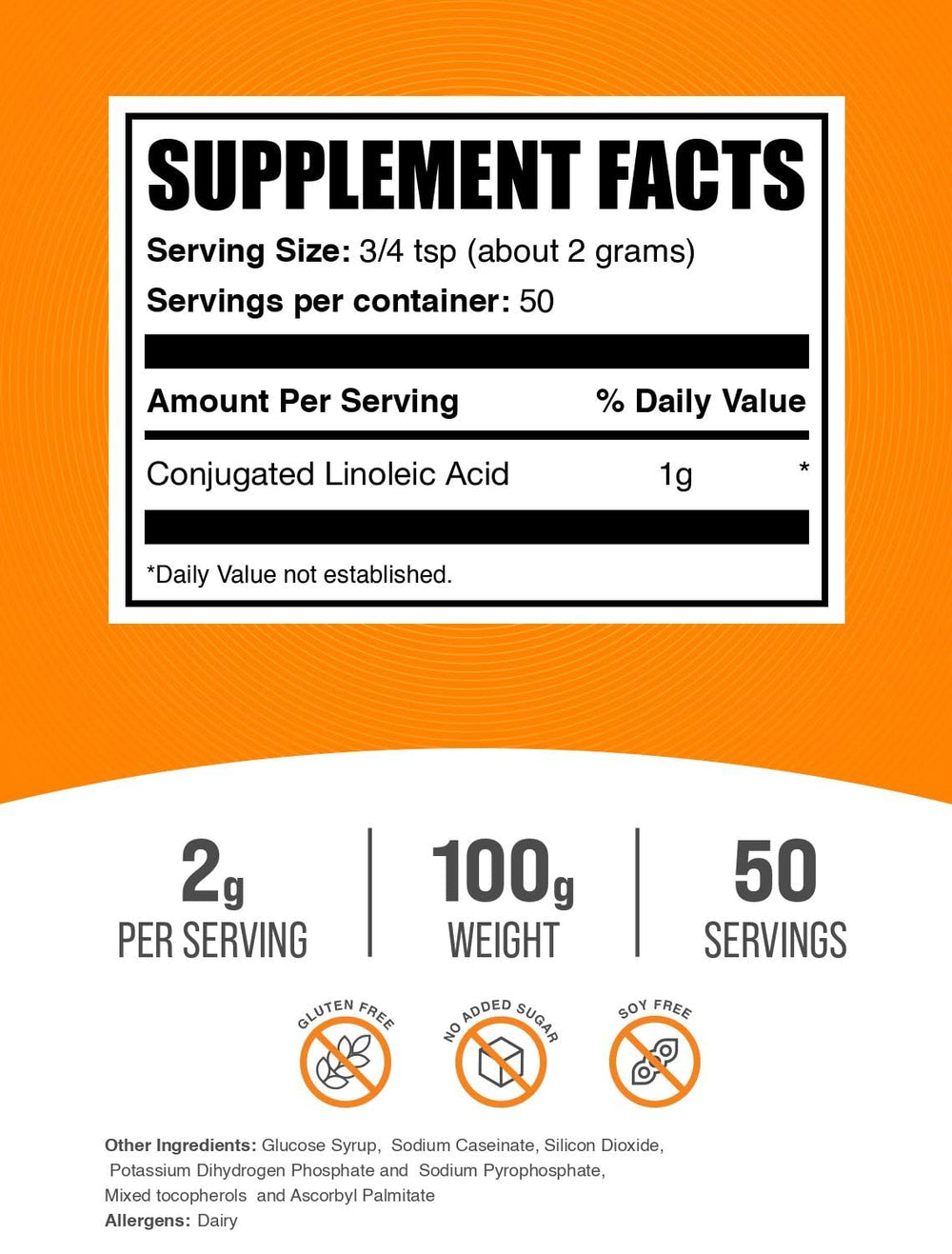 CLA BulkSupplements, polvo sin gluten, ideal para mezclar en bebidas y comidas.