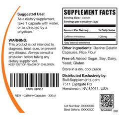 BulkSupplements caffeine 100mg capsules closeup showing capsule texture for alertness.