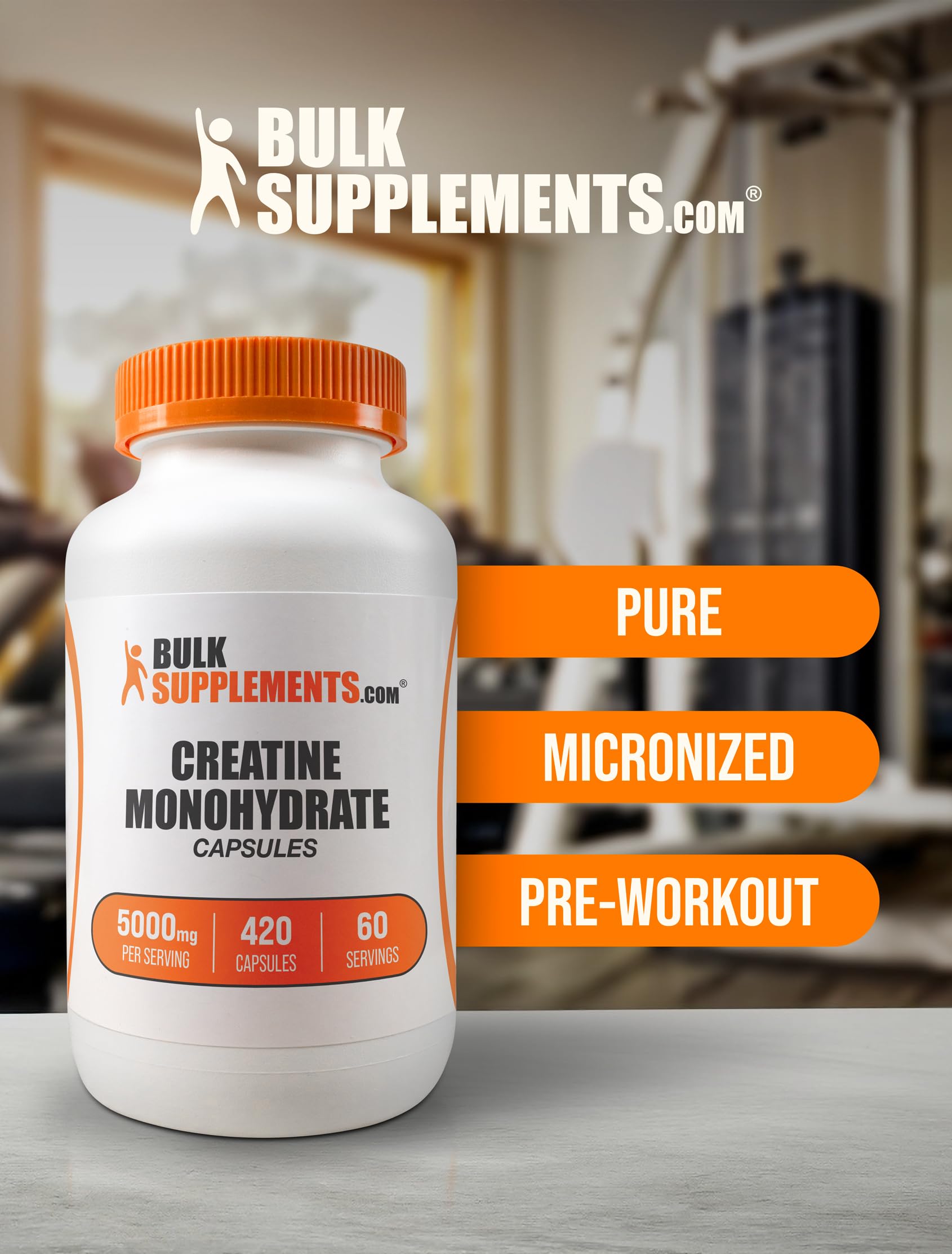 BulkSupplements creatine monohydrate capsules packaging on clean surface signals reliability.