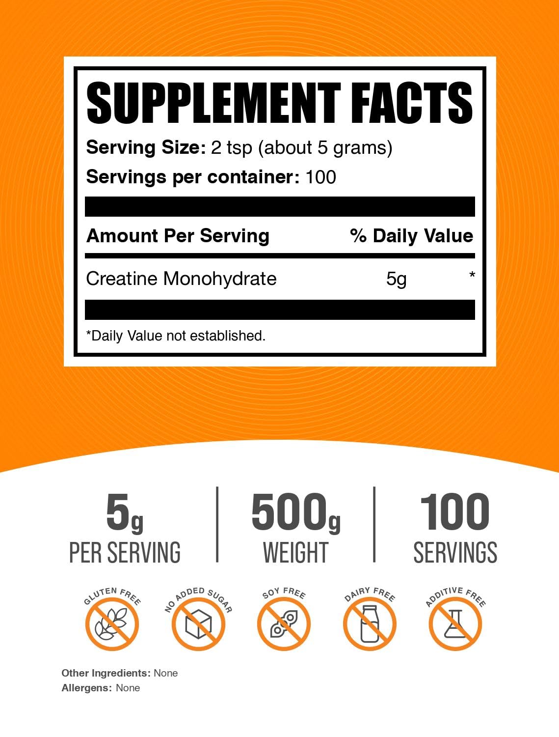 BulkSupplements Creatine Monohydrate powder scoop measures 5 g for training