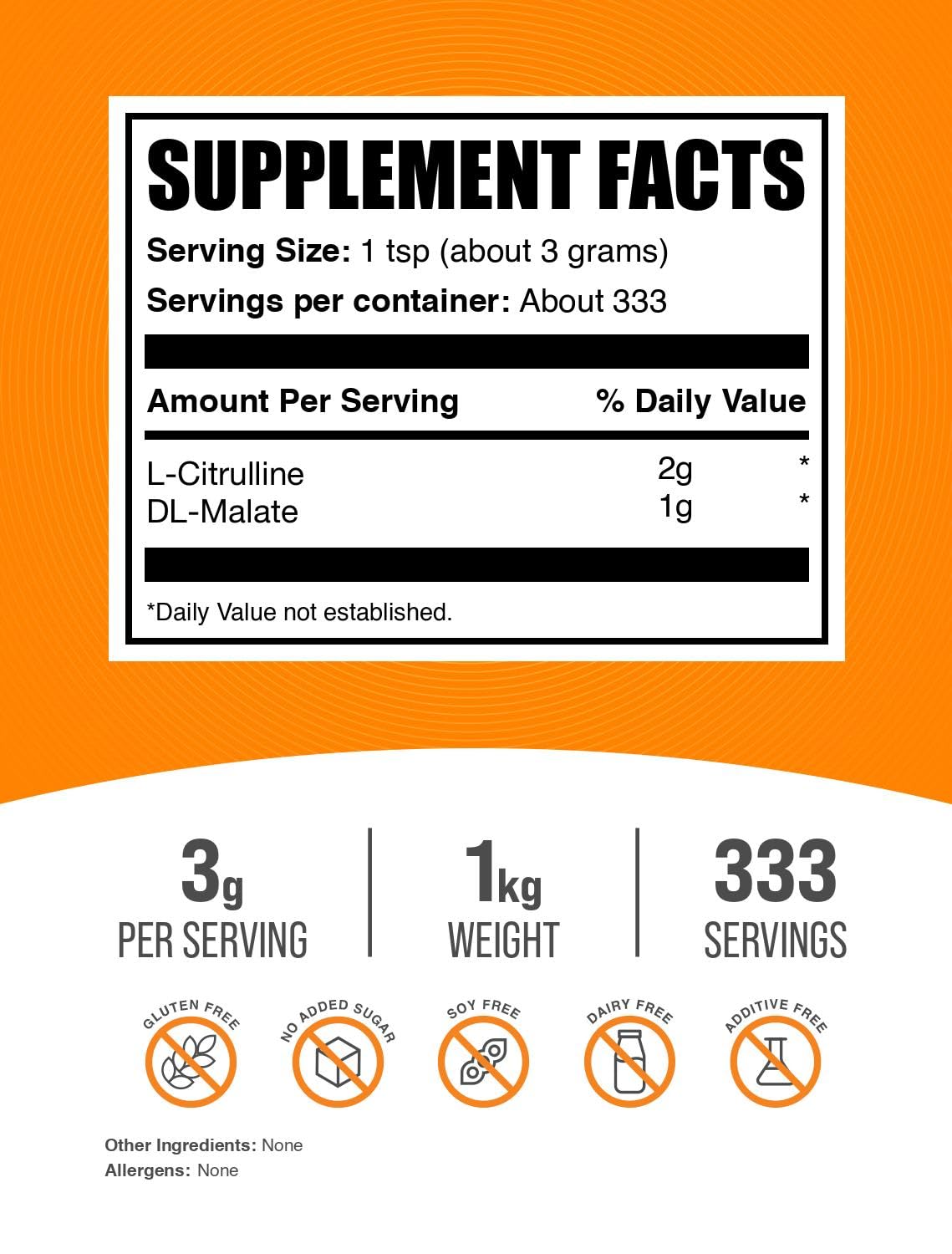 BulkSupplements L-Citrulline Malate, 3g serving, supports training routines.
