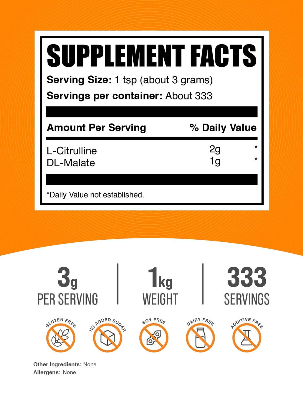 BulkSupplements L-Citrulline Malate, 3g serving, supports training routines.