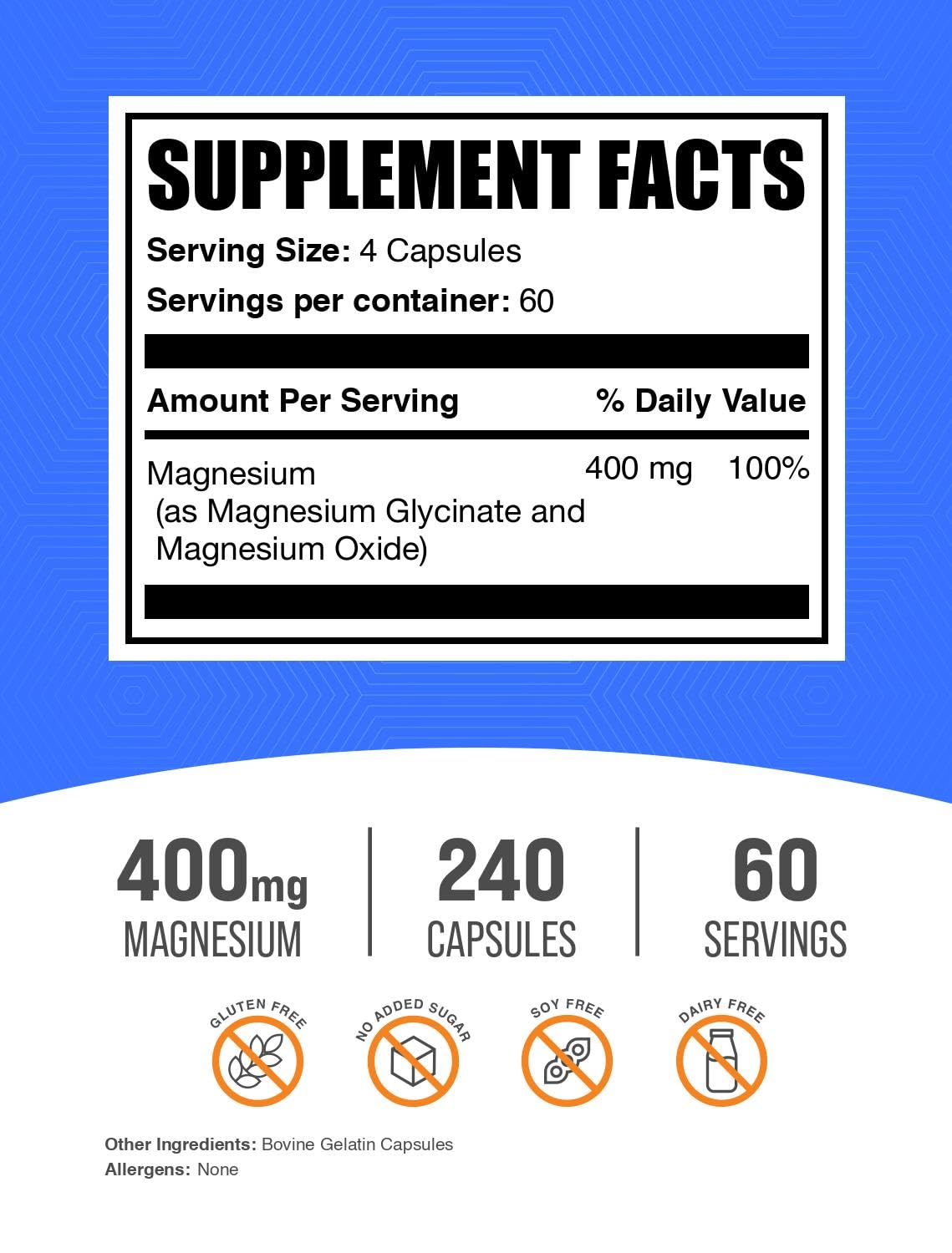 BulkSupplements Magnesium Glycinate capsules close-up, easy-to-swallow form