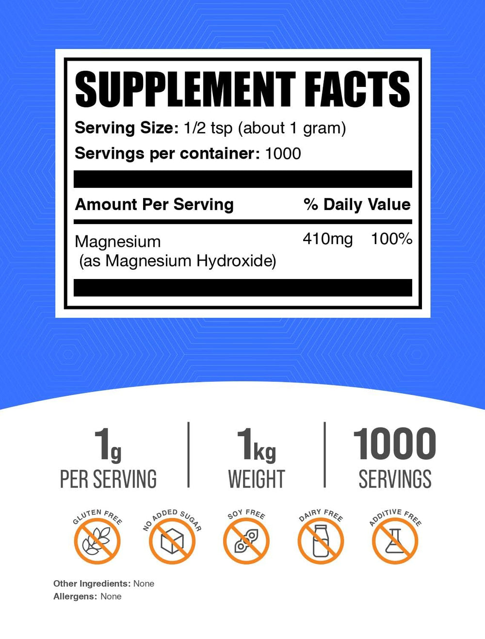 Magnesium Hydroxide Powder showing 410mg per serving, simple to dose