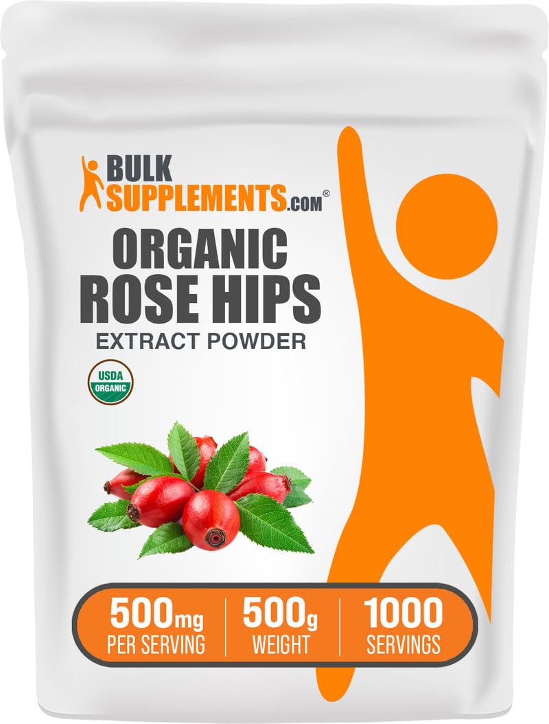 BulkSupplements Organic Rosehip Extract Powder bottle with scoop for easy daily antioxidant support.