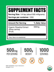 BulkSupplements Organic Rosehip Extract Powder label closeup highlighting gluten-free quality.