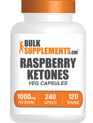BulkSupplements Raspberry Ketones capsules in bottle for on-the-go energy support.