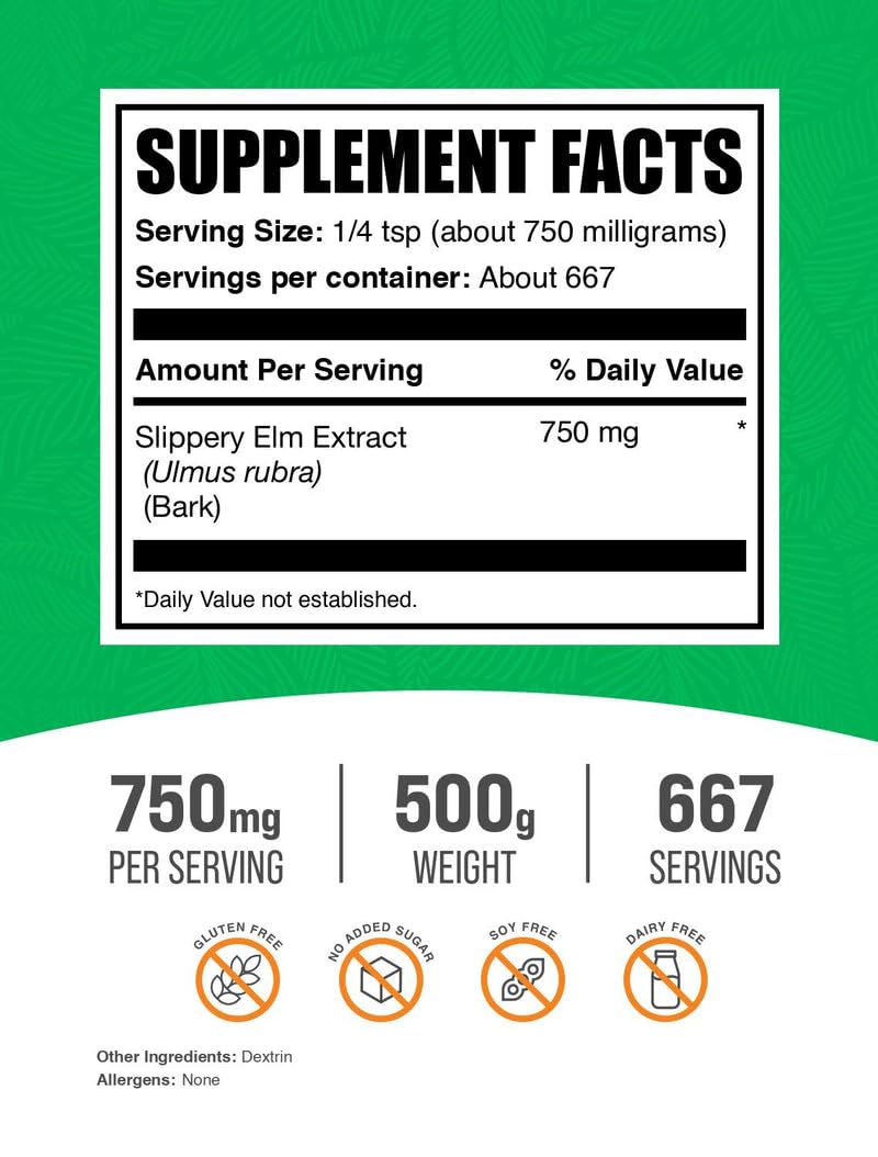 BulkSupplements Slippery Elm Powder scoop showing precise servings for routines.