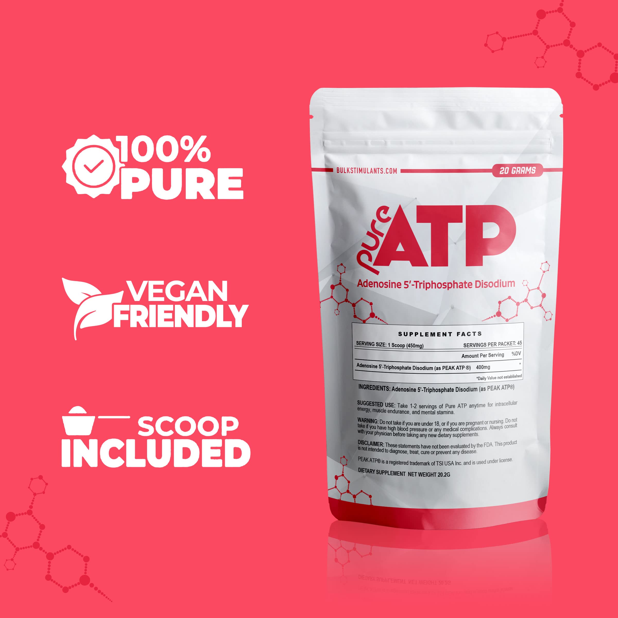 Close-up of BulkStimulants ATP powder packaging highlights a clean, filler-free formula.