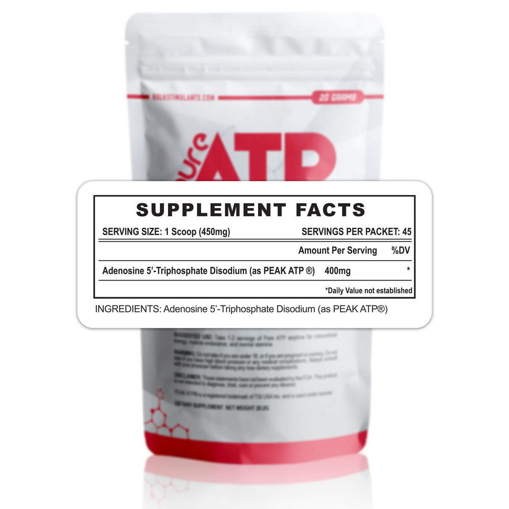 Scoop of BulkStimulants Pure ATP powder ready for pre-workout energy and focus.