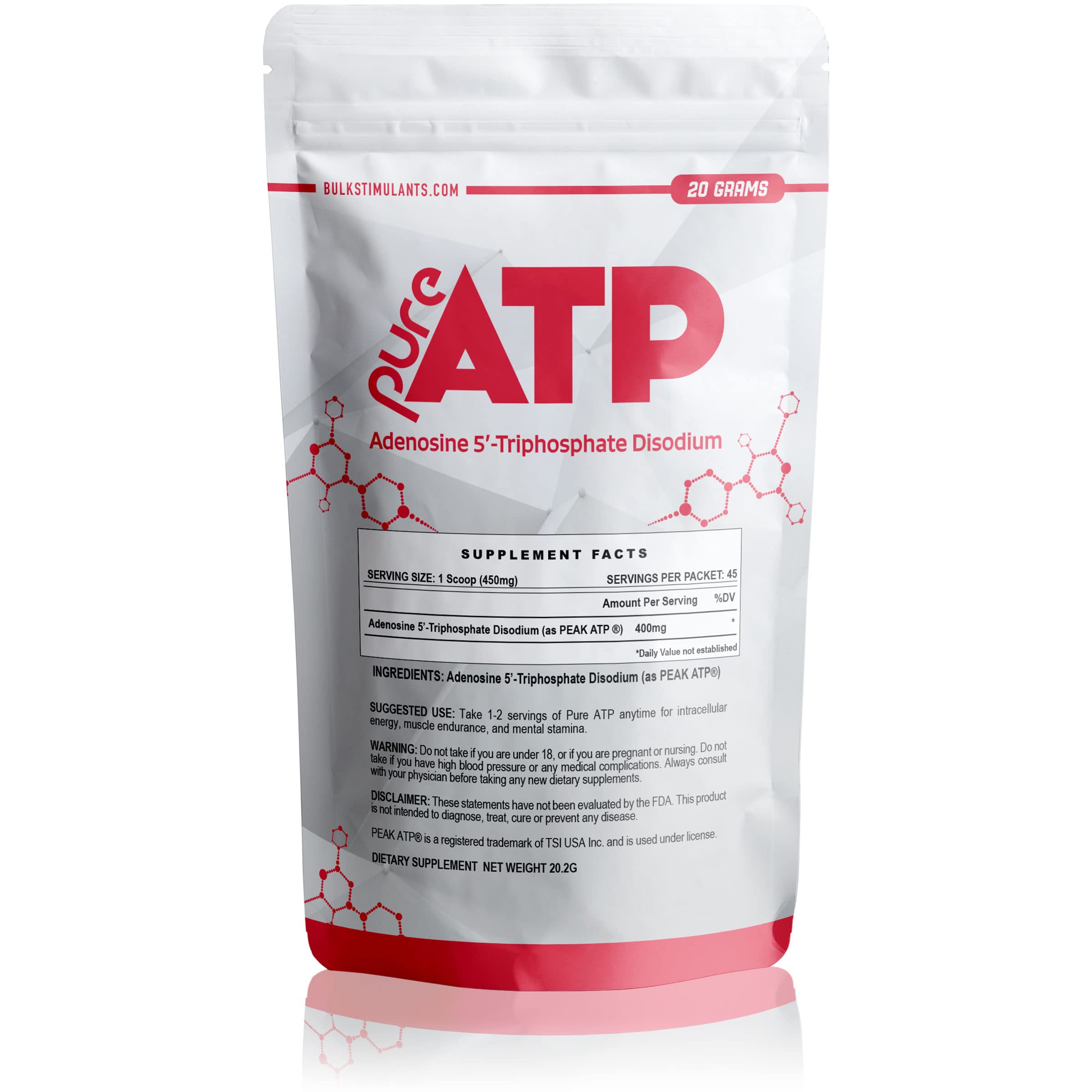 BulkStimulants Pure ATP powder in a tub supports endurance and strength during workouts.