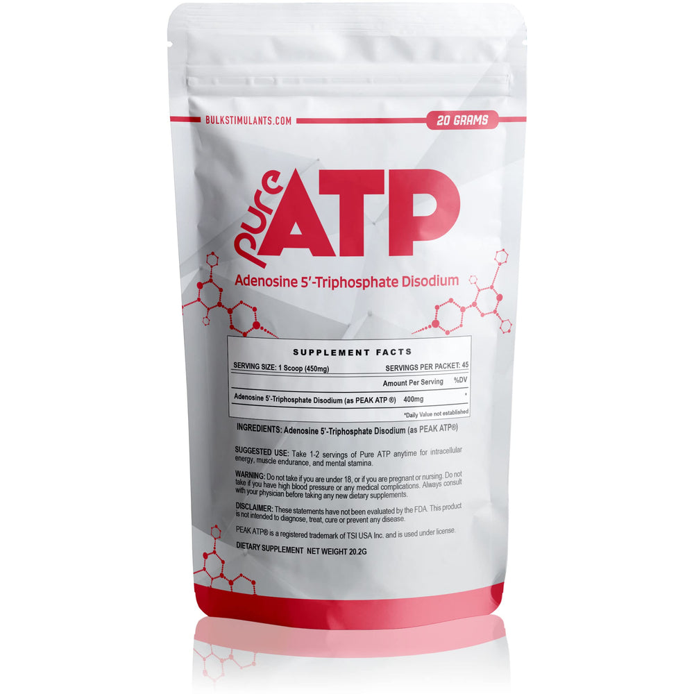 BulkStimulants Pure ATP powder in a tub supports endurance and strength during workouts.