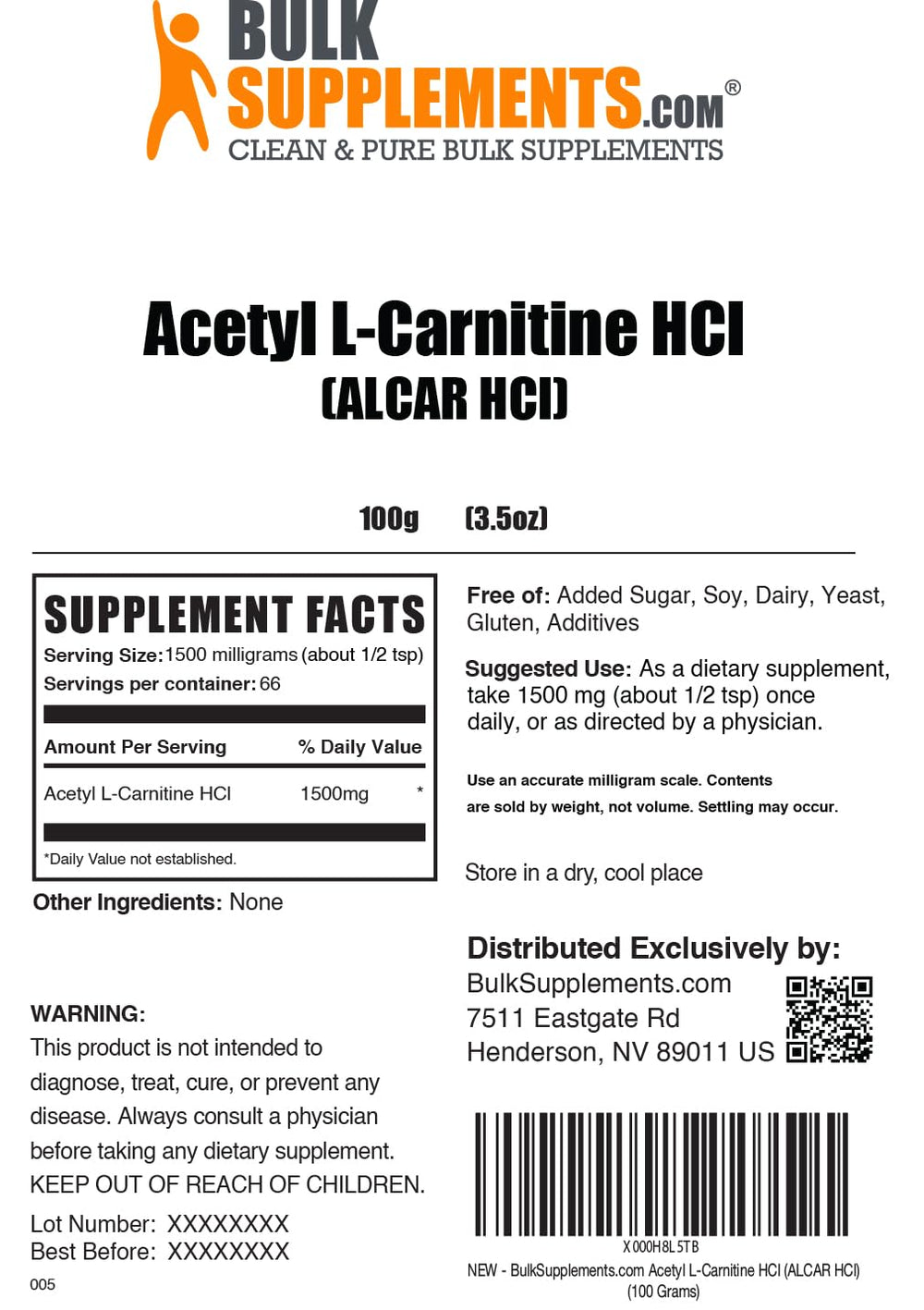 Packaging of BulkSupplements Acetyl L-Carnitine powder indicating quality controls