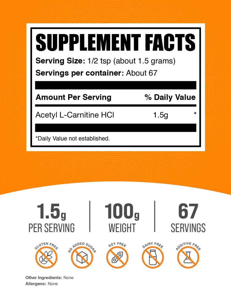 Scoop showing precise 1.5 g serving of BulkSupplements Acetyl L-Carnitine powder