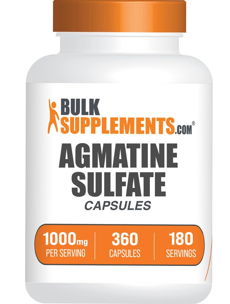 BulkSupplements Agmatine Sulfate capsules bottle showing a reliable gluten-free option for daily use