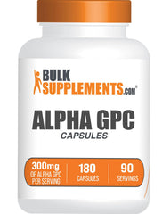 BulkSupplements Alpha GPC capsules bottle closeup supports daily cognitive wellness.