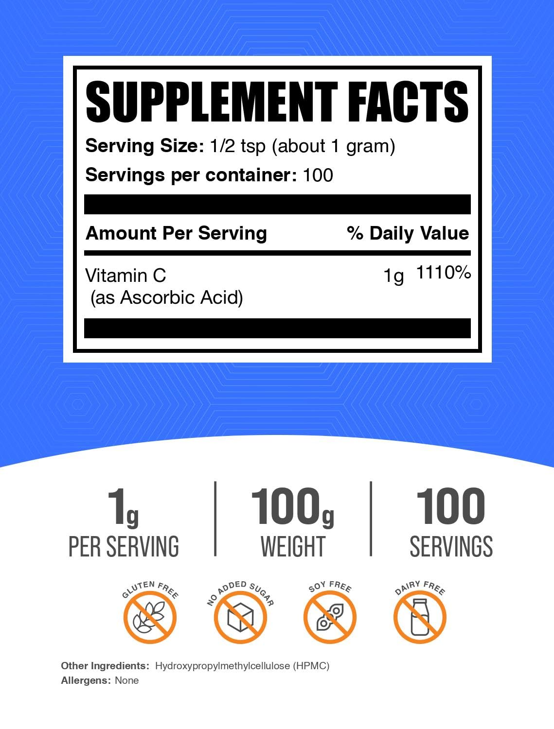 BulkSupplements ascorbic acid powder scoop with smooth mix for easy daily use