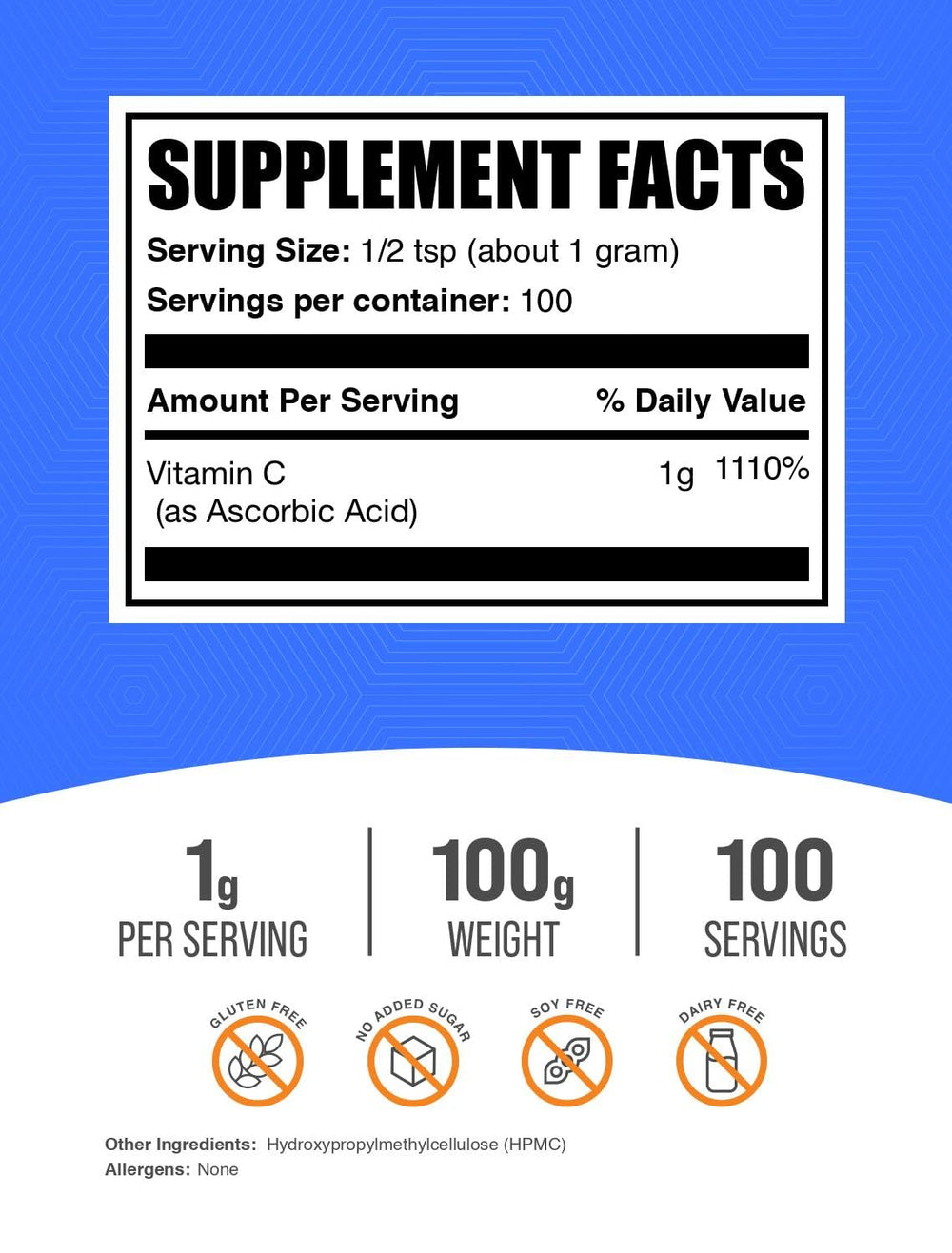 BulkSupplements ascorbic acid powder scoop with smooth mix for easy daily use