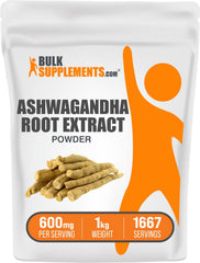 BulkSupplements Ashwagandha powder bottle with scoop supports daily balance.