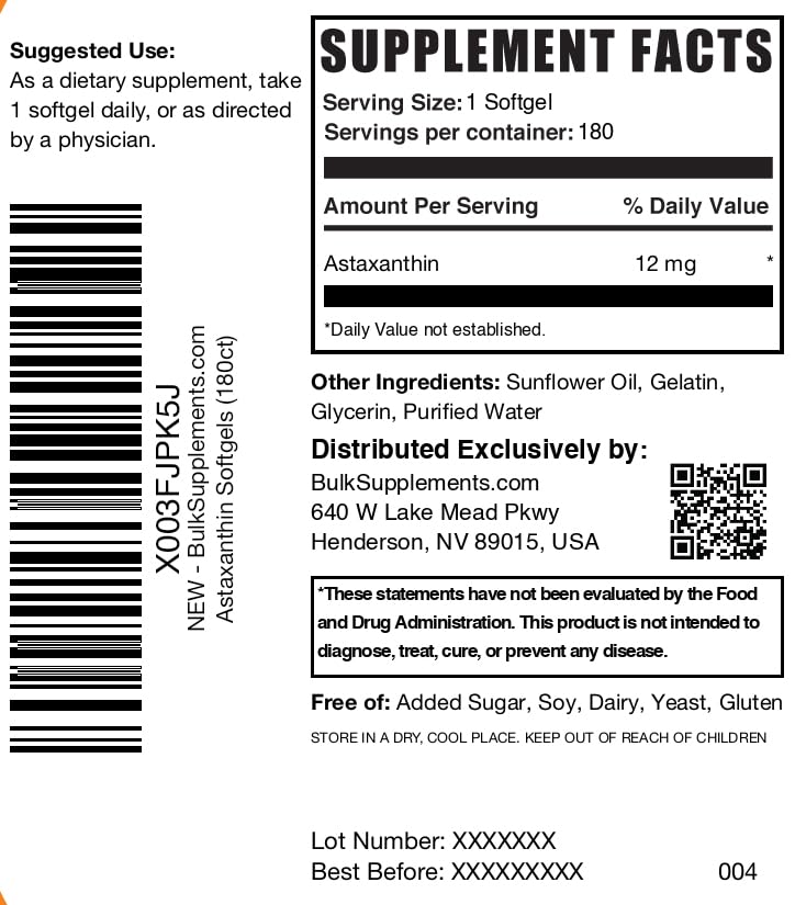 BulkSupplements Astaxanthin 12mg softgels gluten-free formulation for dietary needs.
