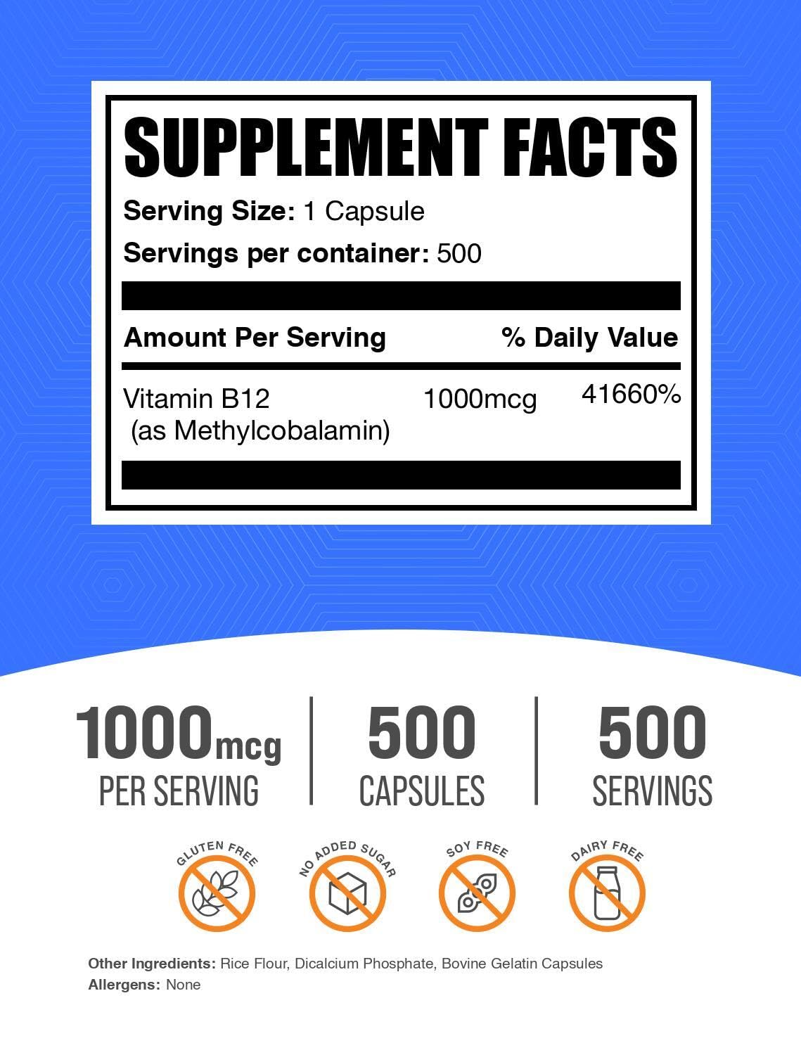 BulkSupplements Vitamin B12 capsules front label highlights gluten-free formula
