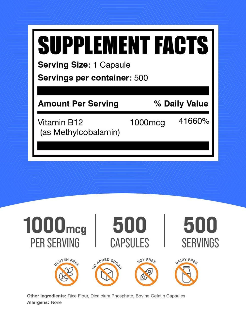 BulkSupplements Vitamin B12 capsules front label highlights gluten-free formula