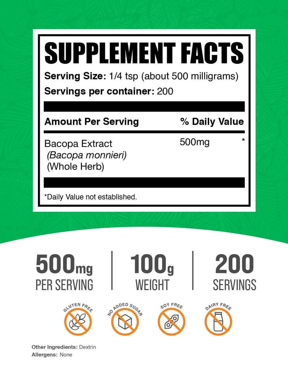 BulkSupplements Bacopa Extract Powder scoop beside container for easy serving