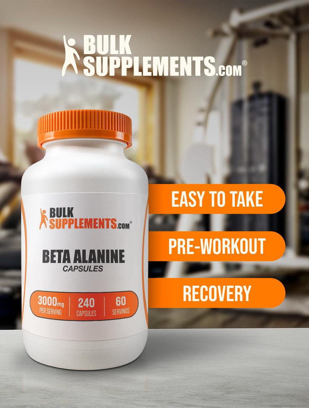BulkSupplements Beta Alanine packaging front—gluten-free labeling for active lifestyles.