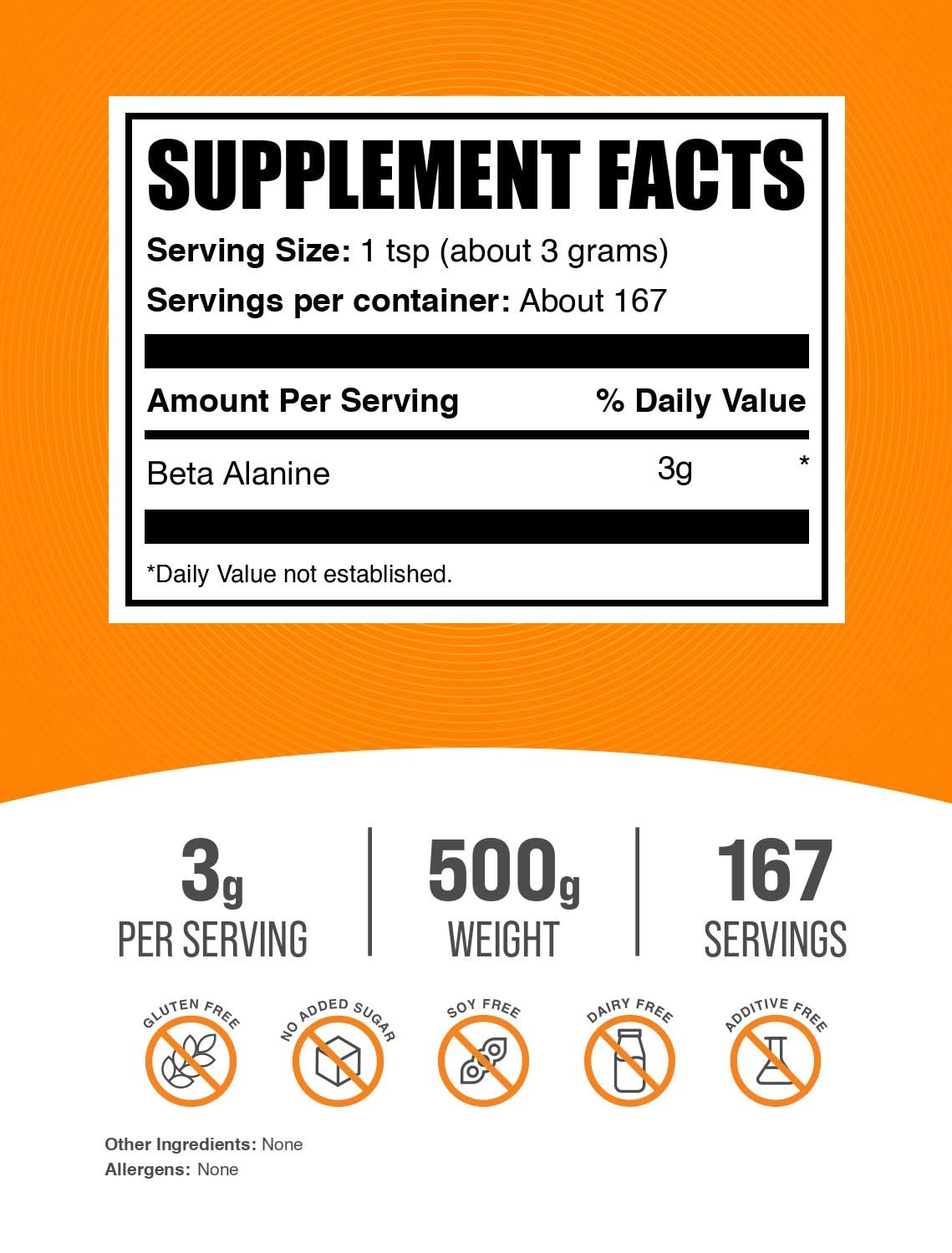 Unflavored Beta-Alanine powder in bulk tub for mixing flexibility.