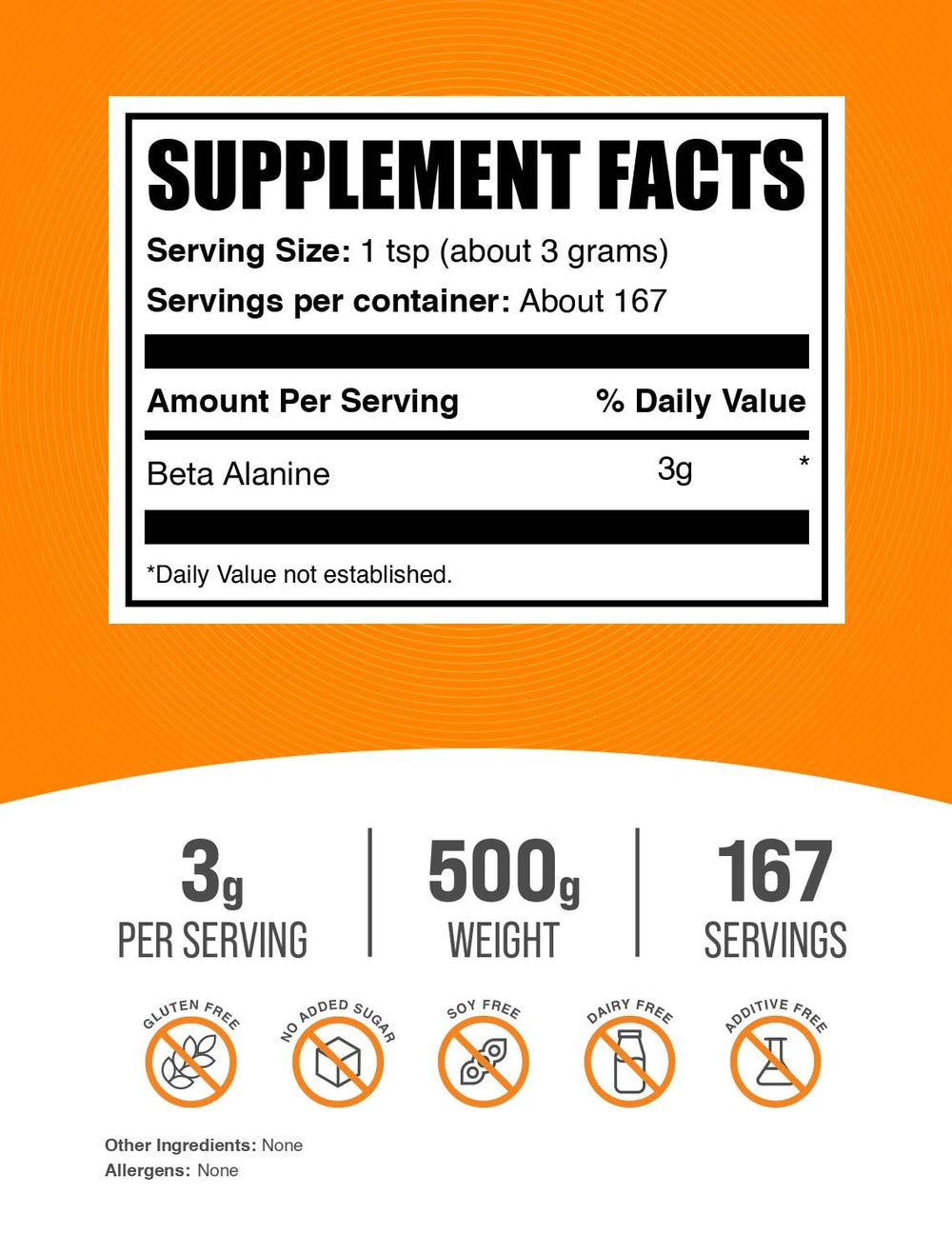 Unflavored Beta-Alanine powder in bulk tub for mixing flexibility.