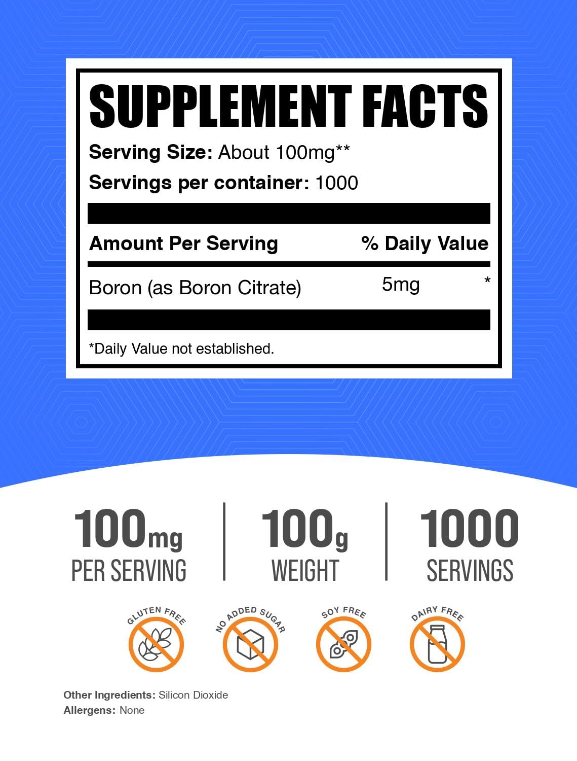 BulkSupplements Boron Citrate Powder label close-up showing ingredients and serving size