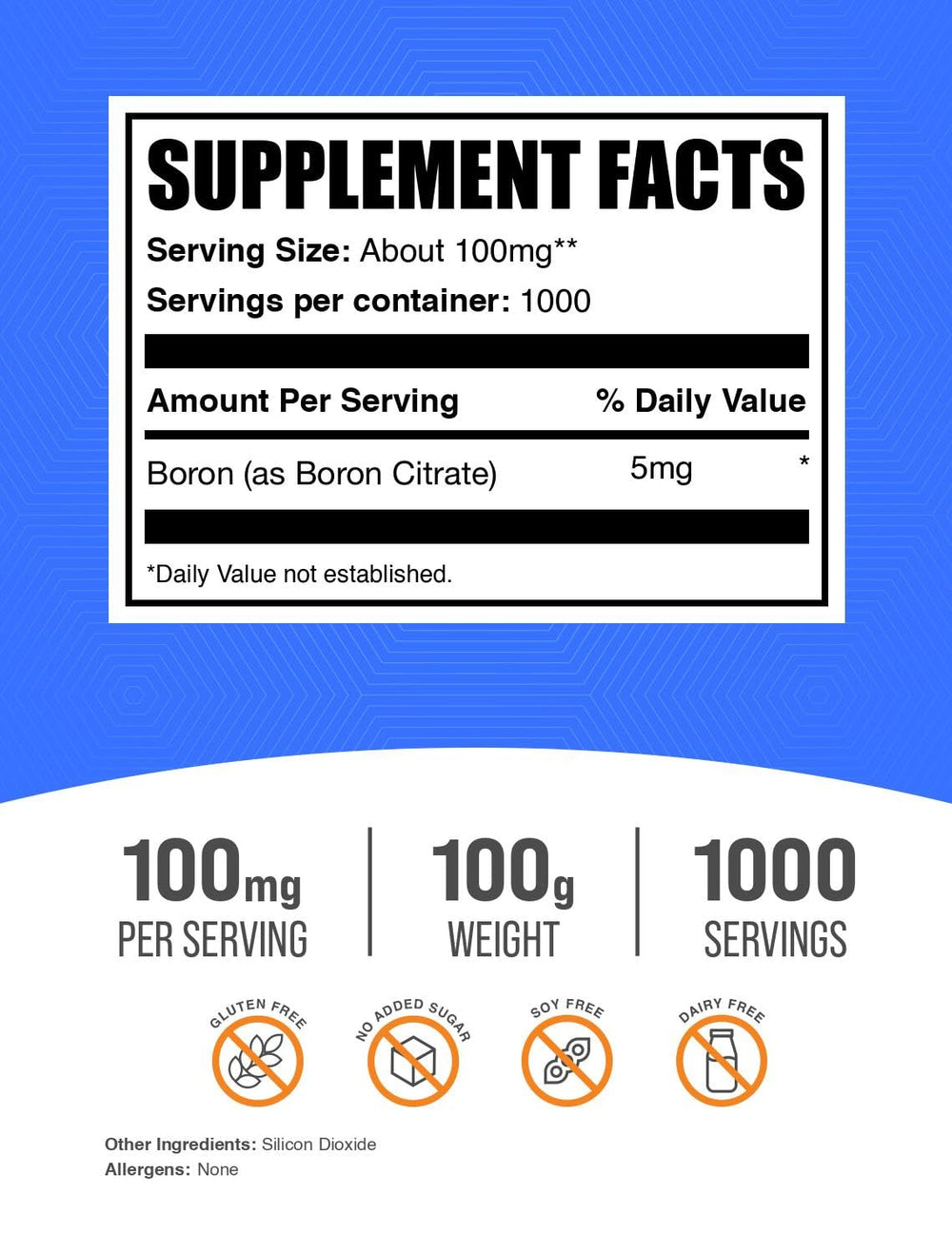 BulkSupplements Boron Citrate Powder label close-up showing ingredients and serving size