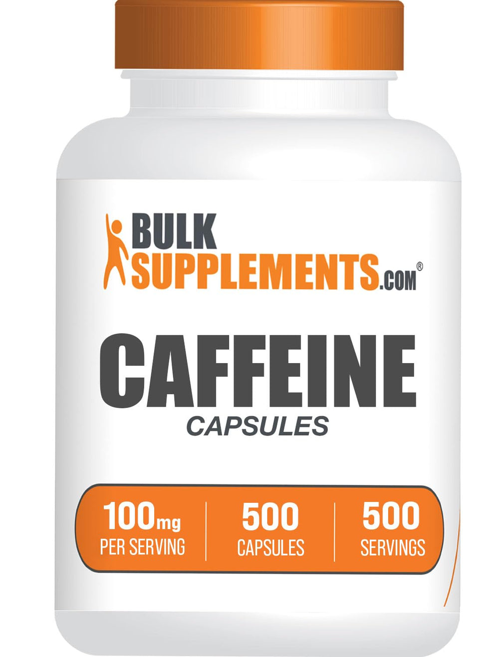 BulkSupplements caffeine 100mg capsules bottle front view for energy on the go