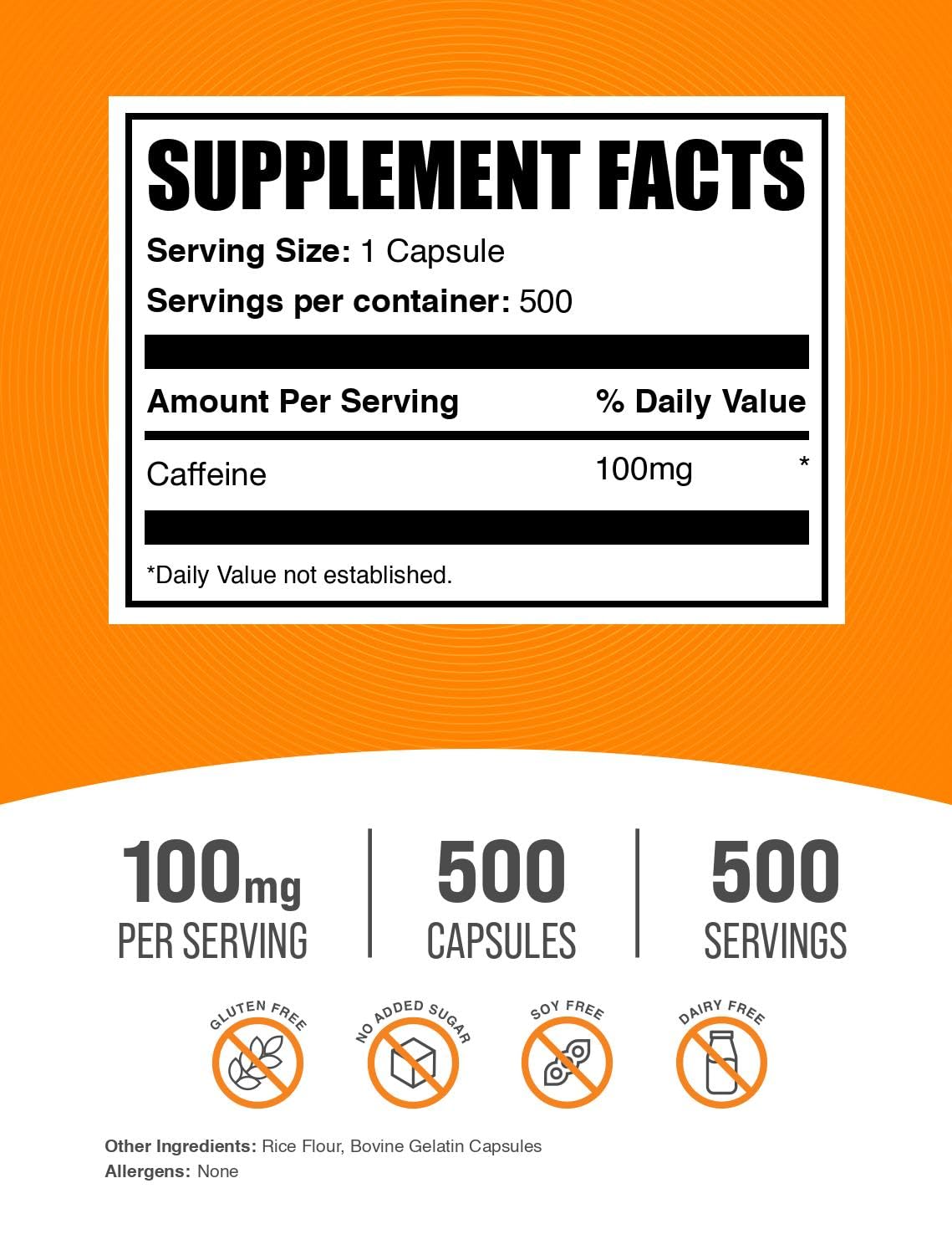 BulkSupplements caffeine 100mg capsules close-up of capsule texture and coating