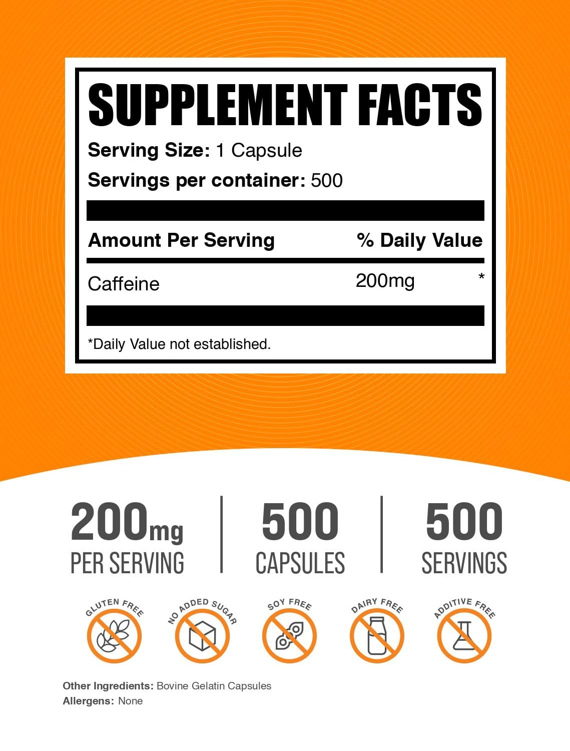 BulkSupplements caffeine 200mg bottle close-up showing precise dosing