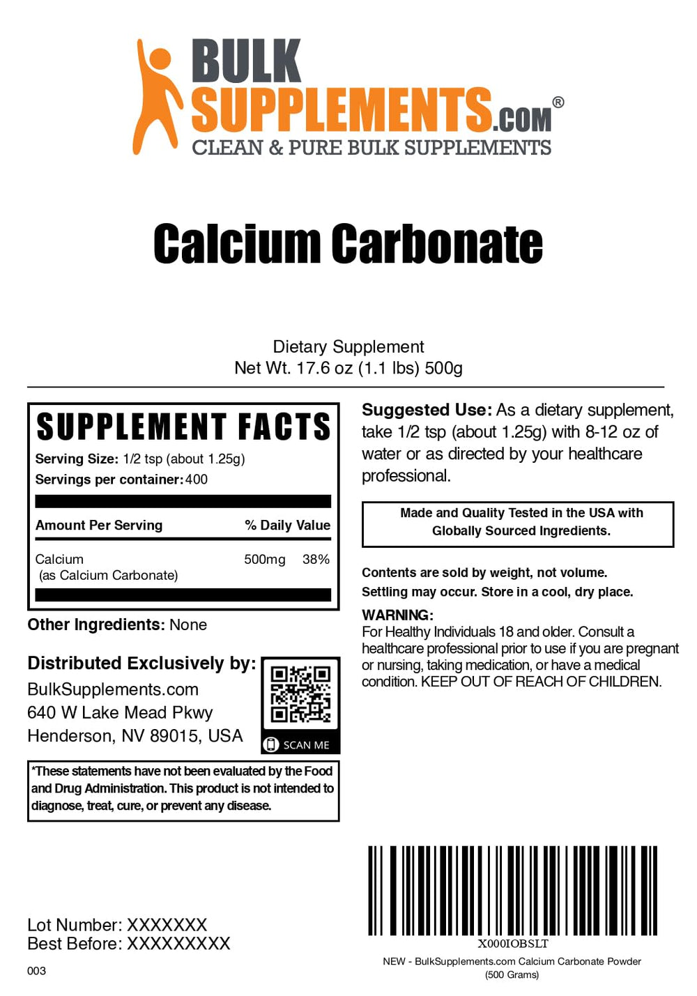 BulkSupplements Calcium Carbonate Powder container with ingredients panel for transparency