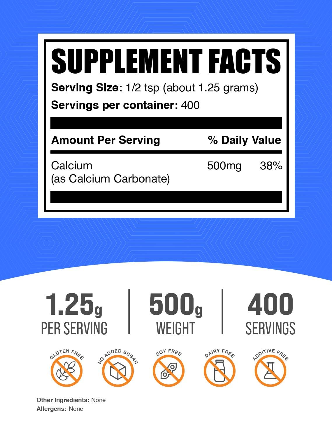 BulkSupplements Calcium Carbonate Powder measuring scoop highlights convenient serving size