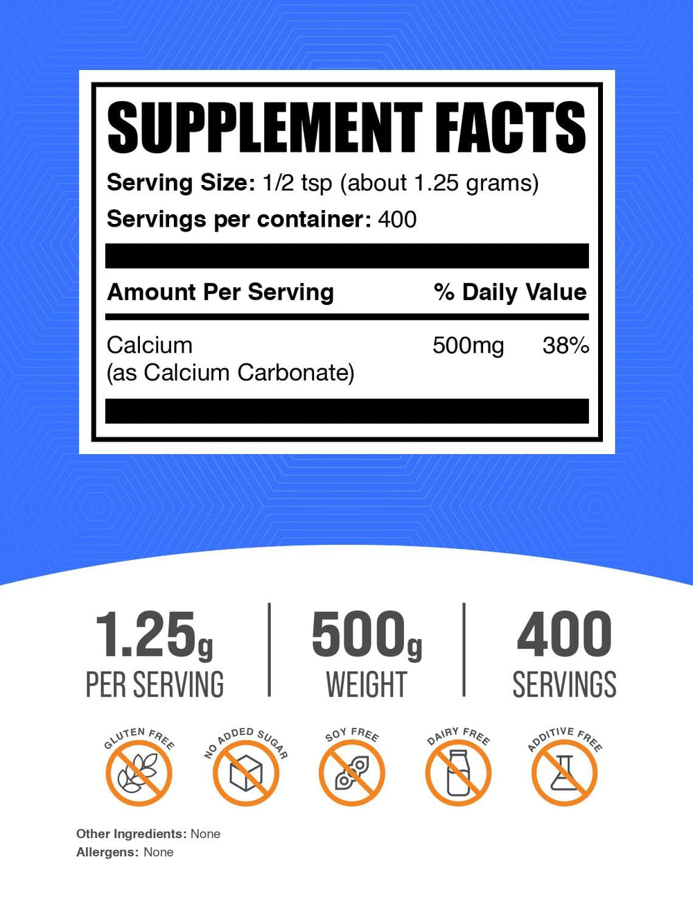 BulkSupplements Calcium Carbonate Powder measuring scoop highlights convenient serving size