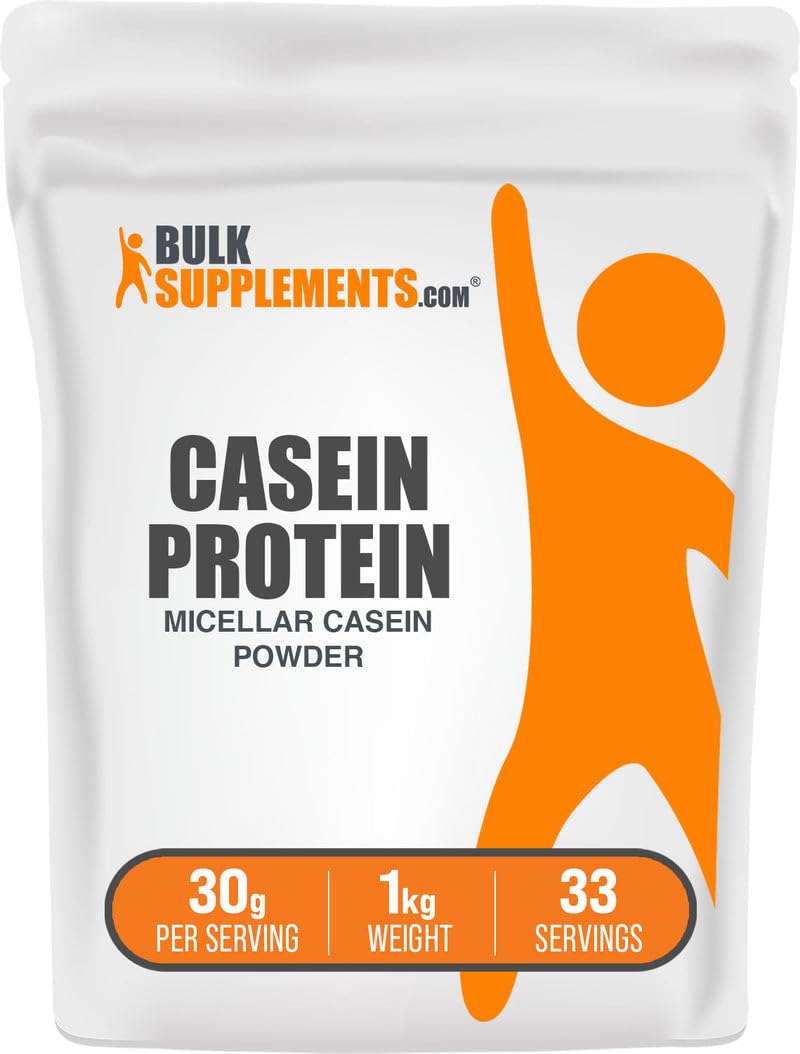 BulkSupplements Casein Protein Powder bottle showing unflavored formula and 1 kg container