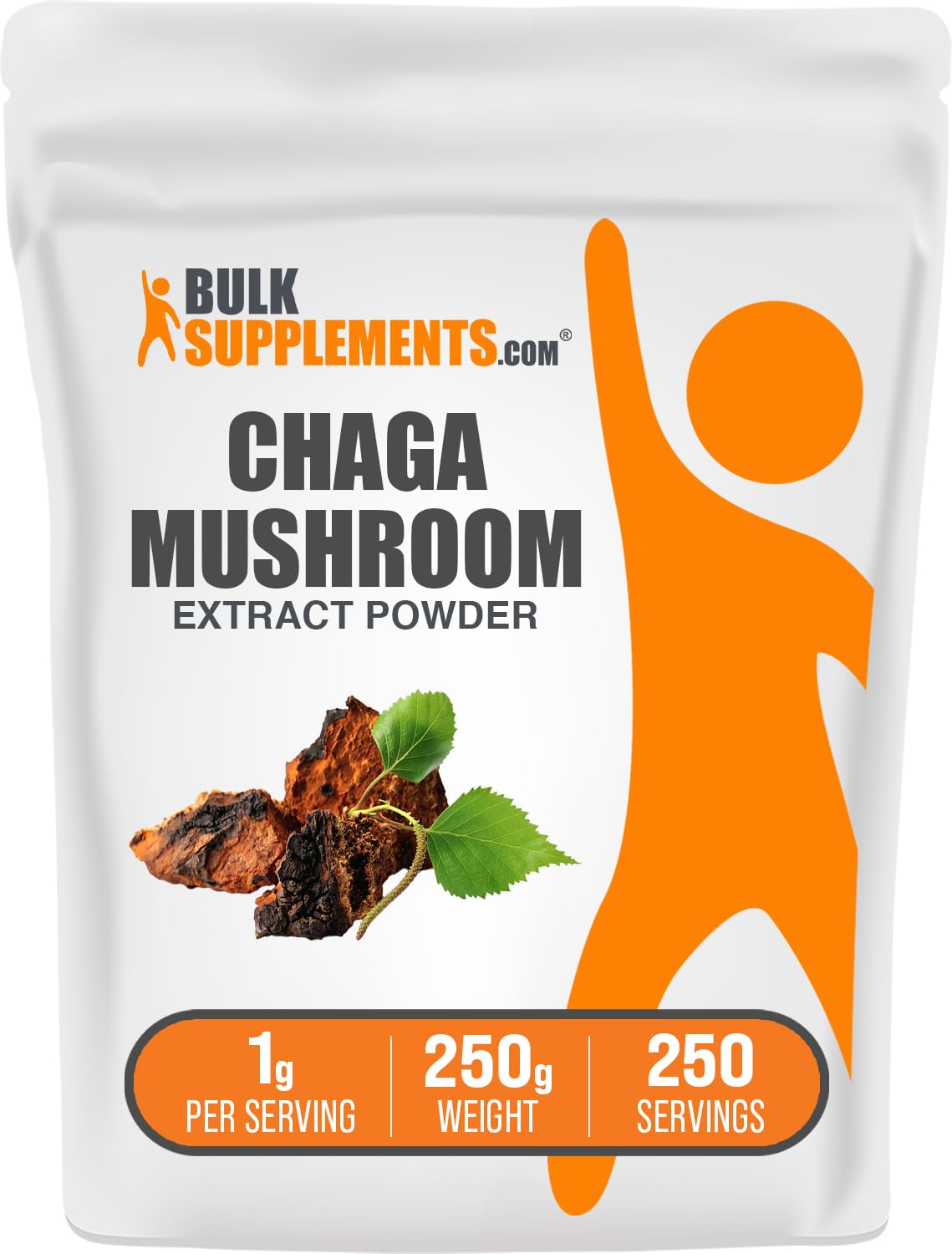 BulkSupplements chaga extract powder packaging highlights gluten-free quality and third-party testing