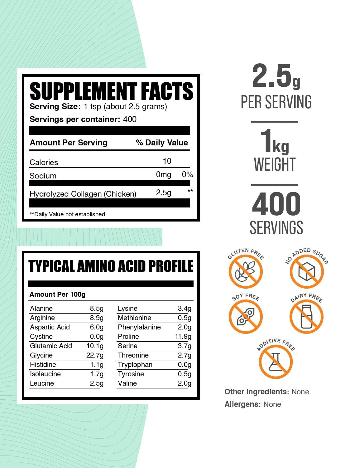 BulkSupplements chicken collagen powder pour emphasizes easy mix into shakes and beverages.