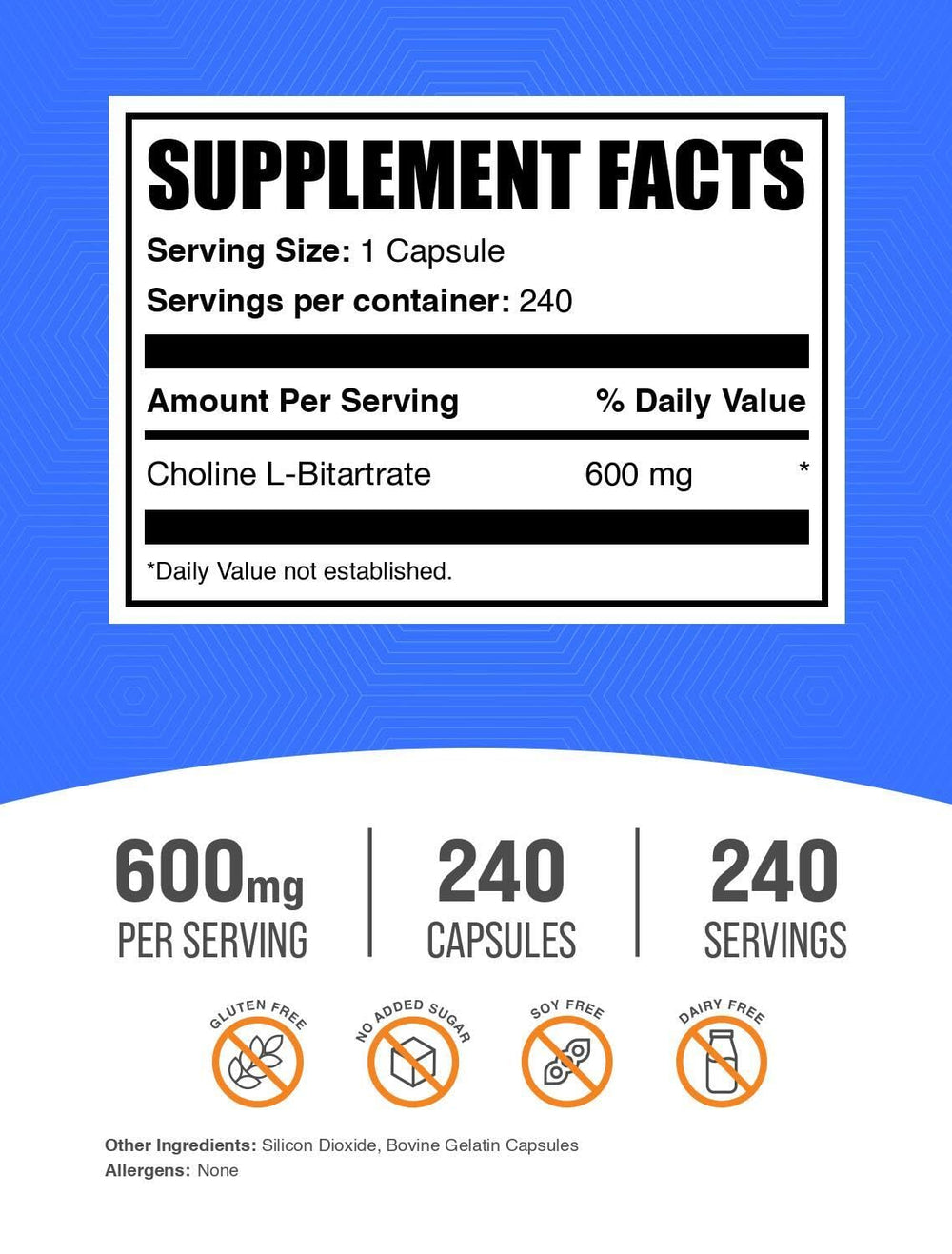 BulkSupplements Choline Bitartrate capsules close-up showing easy-to-swallow form for daily use.