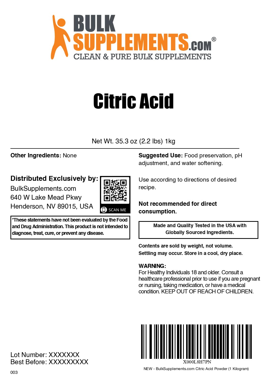 BulkSupplements Citric Acid Powder pour demonstrates precise dosing for drinks and candies.