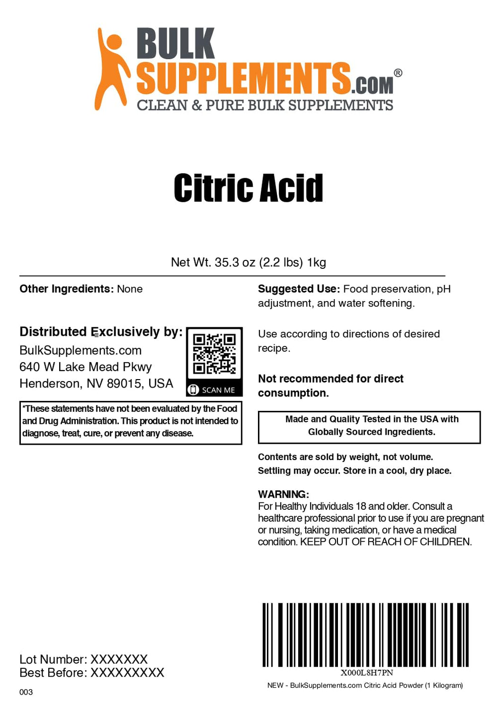 BulkSupplements Citric Acid Powder pour demonstrates precise dosing for drinks and candies.